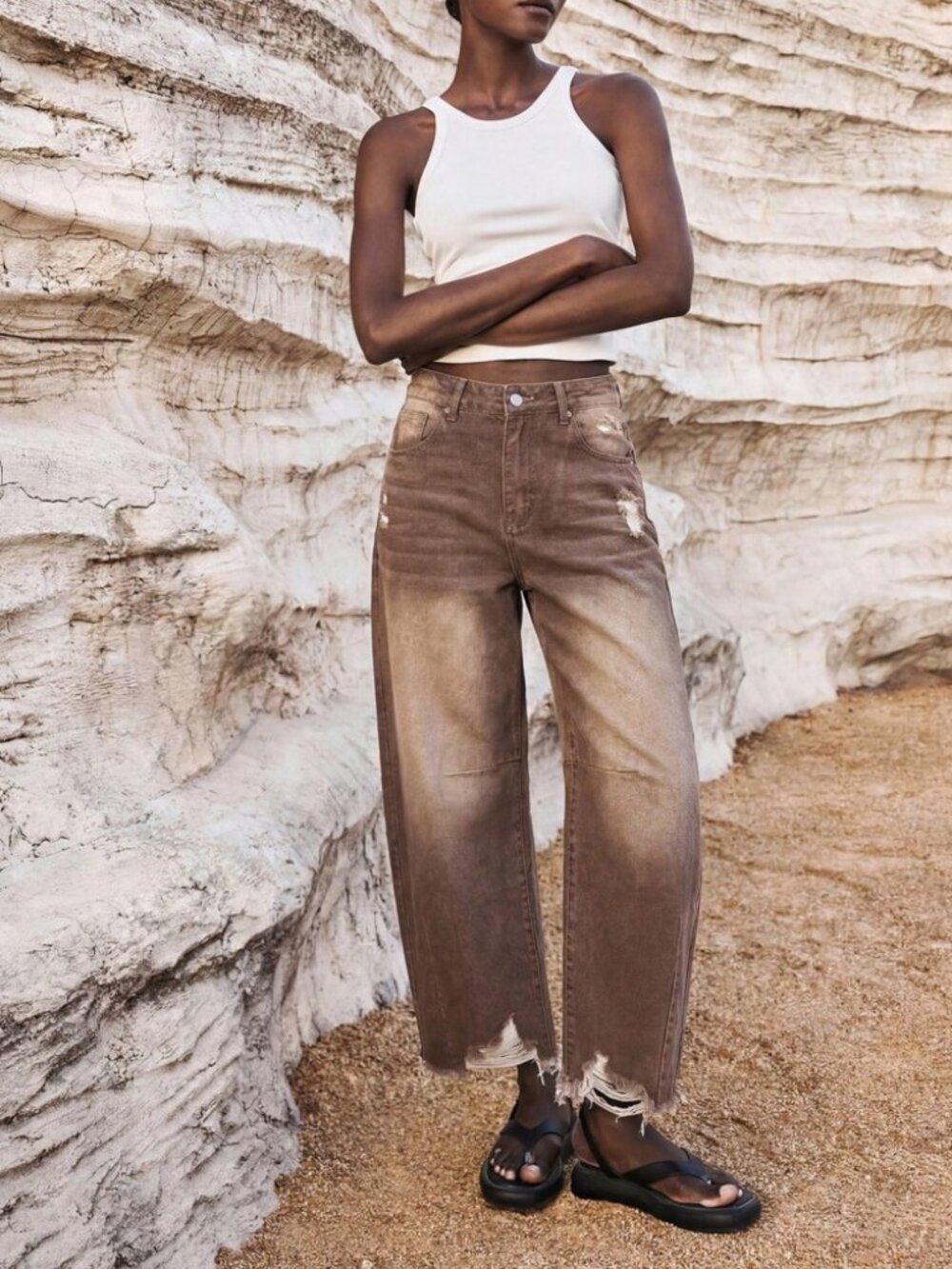 Muted Tan Denim Jeans with Distressed Rips - Picture 7 of 7